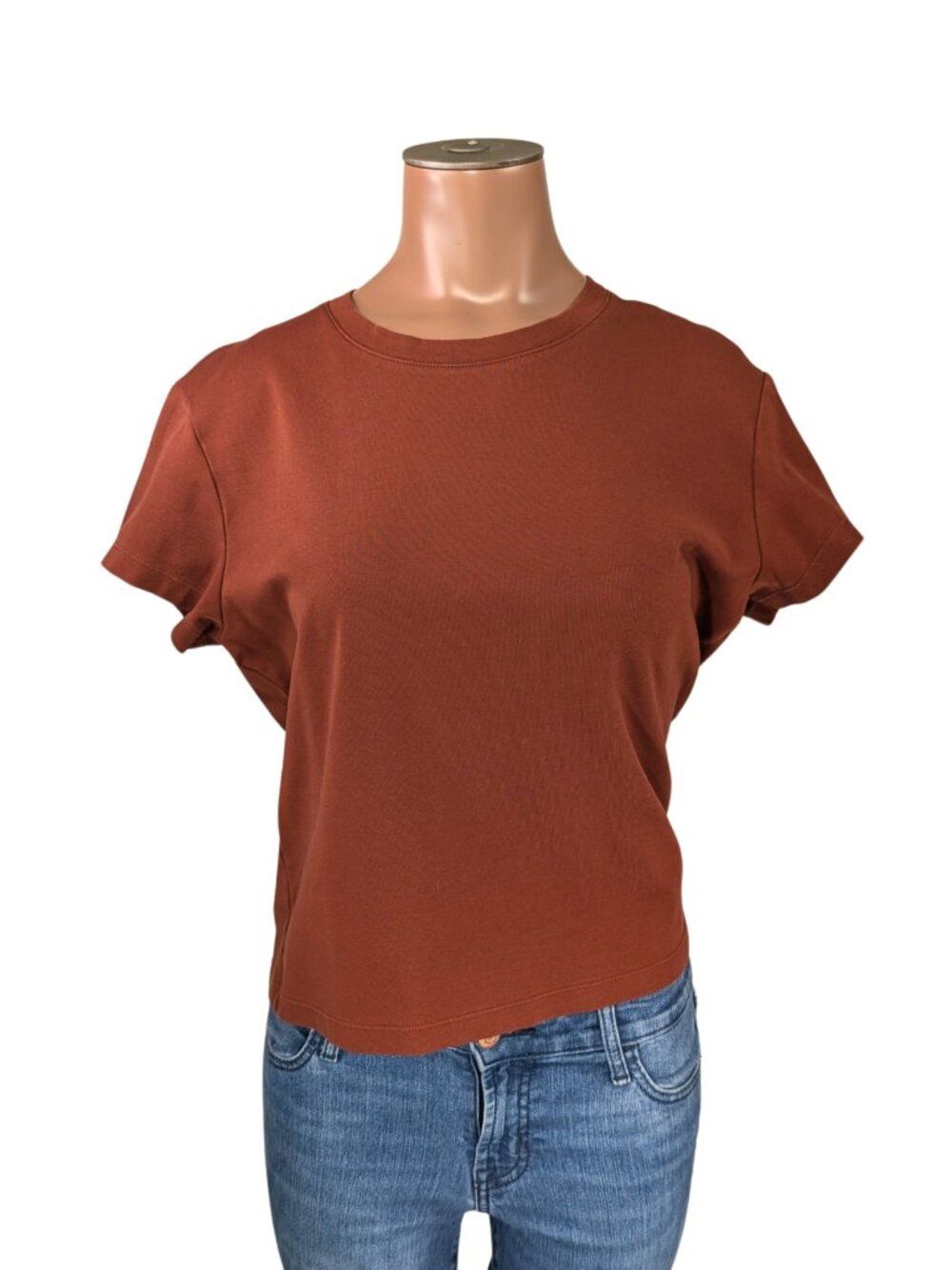 Uniqlo Large Brown Short Sleeve Crew Neck Cropped Cotton Blend T-Shirt